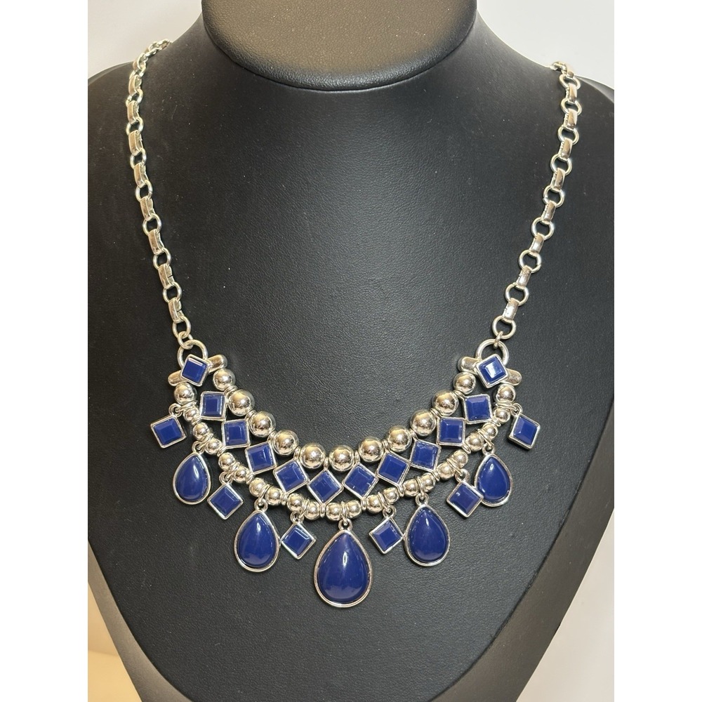 Vintage 1990s Silver Tone Blue Teardrop Bead Layered Statement Necklace 20.5"